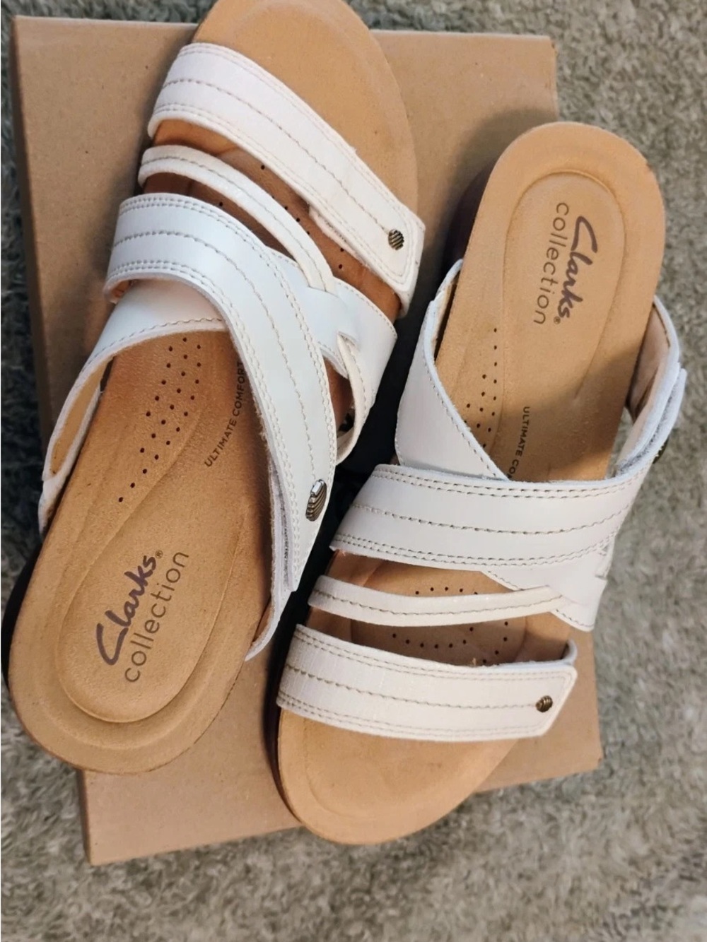 Clarks White Leather Strappy Slide Mules